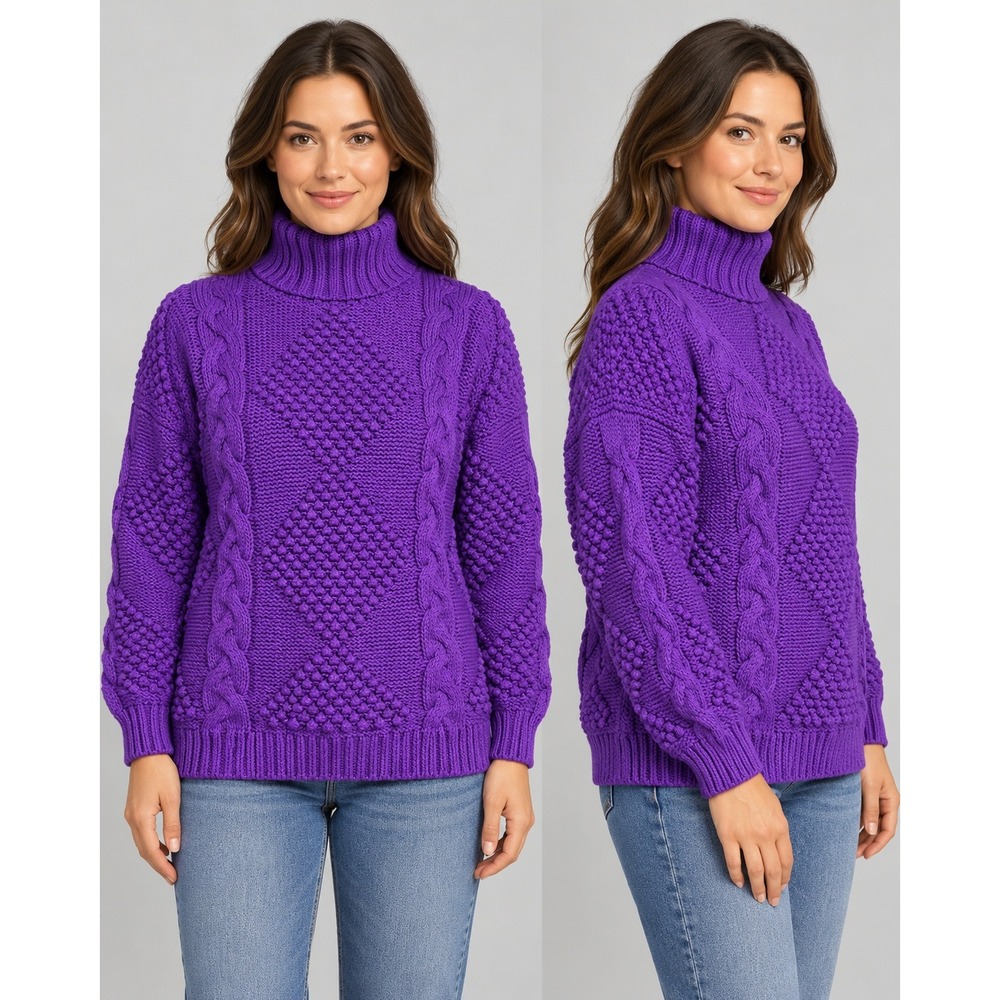 Lew Magram New York Hand Knitted 100% Silk Purple Cable Popcorn Turtleneck L